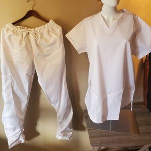 Fashion Unisex V-Neck, Stacked Pants.Medical Scrub Uniform Set. 2X. White.
